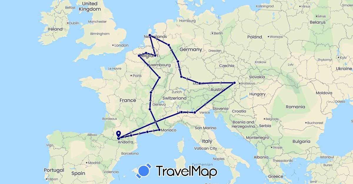 TravelMap itinerary: driving in Austria, Belgium, Germany, France, Italy, Netherlands (Europe)